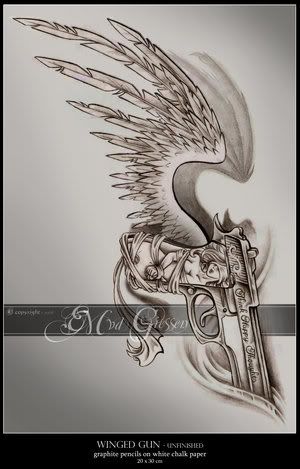 amor vincit omnia tattoo on back. Winged Gun Tattoo Pictures,